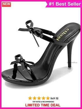 Patent Leather PU Platform Heeled Sandals Strappy Stilettos Open Toe Slip On Bow